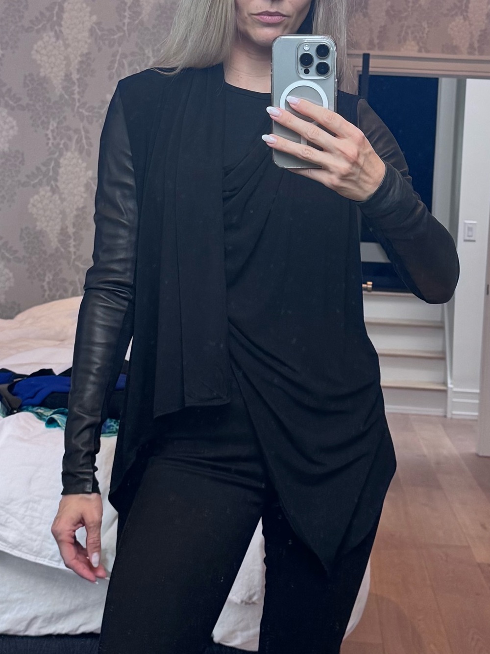 Danier Black Draped sweater with Leather Sleeves 3XS